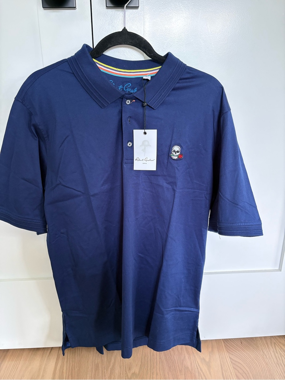 New Robert Graham Navy Polo the player  with Skull Patch size large